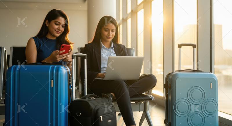 Indian businesswomen use smartphone, laptop at bright airport lounge.