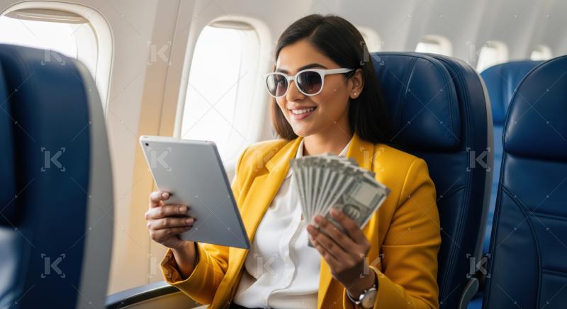 Entrepreneur enjoys financial success, managing funds during airplane travel.
