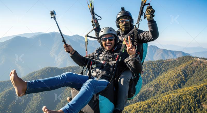 Two men paragliding, smiling, enjoying adventure over a beautiful mountain landscape.