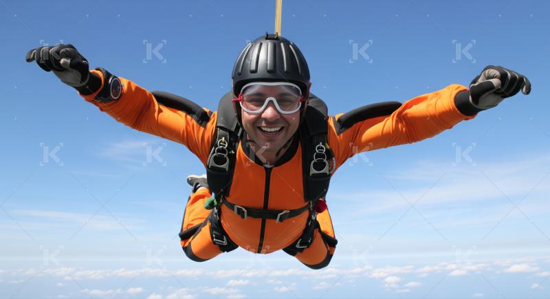 Happy skydiver flying freely, embracing the thrill of adventure.