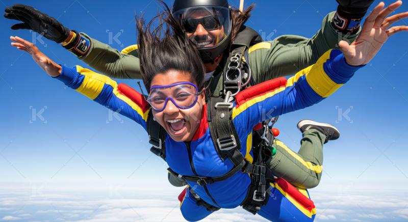 Two happy people enjoying an exciting tandem skydive above clouds.