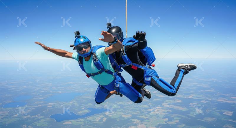 Exhilarating tandem skydive experience with stunning views below.
