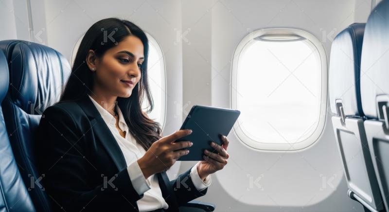Focused woman working or relaxing with her tablet inflight.