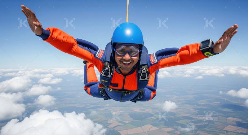 Man smiles widely enjoying freefall during exciting skydive experience.