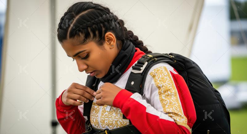 Athlete carefully securing her intricate parachute equipment pre-jump.