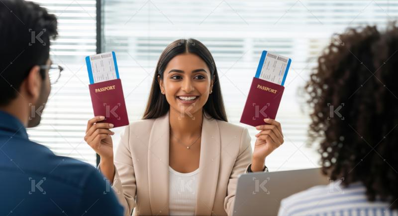 Excited woman proudly shows travel documents to clients.