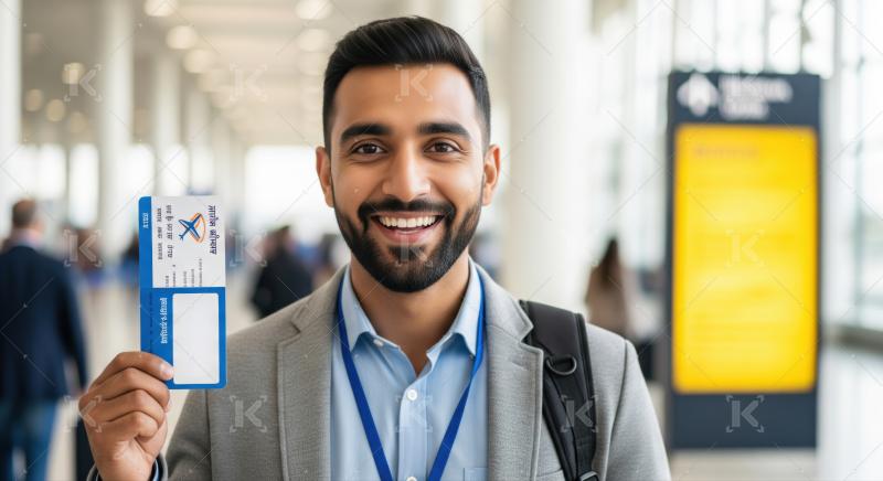 Happy traveler holding boarding pass, ready for an exciting journey.