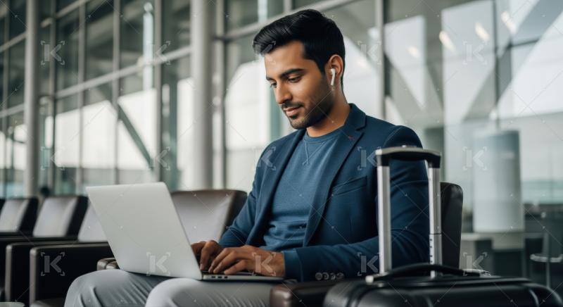 Professional man using laptop and earbuds while traveling confidently.