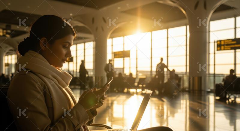 Modern traveler focused on her devices in a sunny terminal.