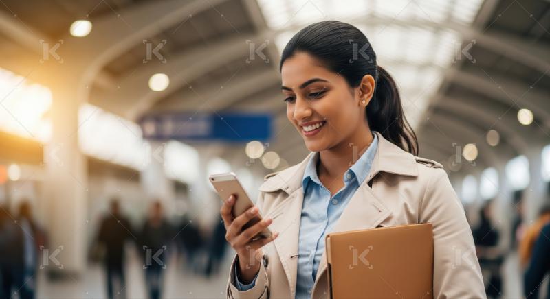 Young professional woman smiling while using smartphone on the go.