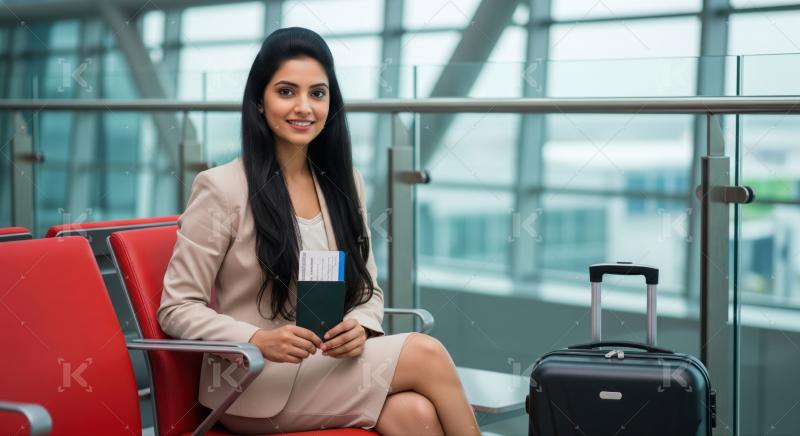 Happy Indian woman traveler confidently waits for her flight.