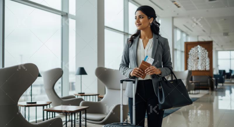 Professional woman with passport and luggage at airport terminal.