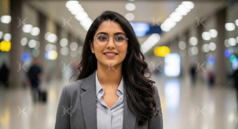 Smiling professional woman in glasses, standing confidently in a modern setting.