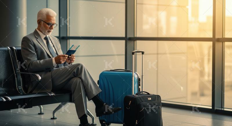 Elegant businessman checking travel documents while patiently waiting for flight.