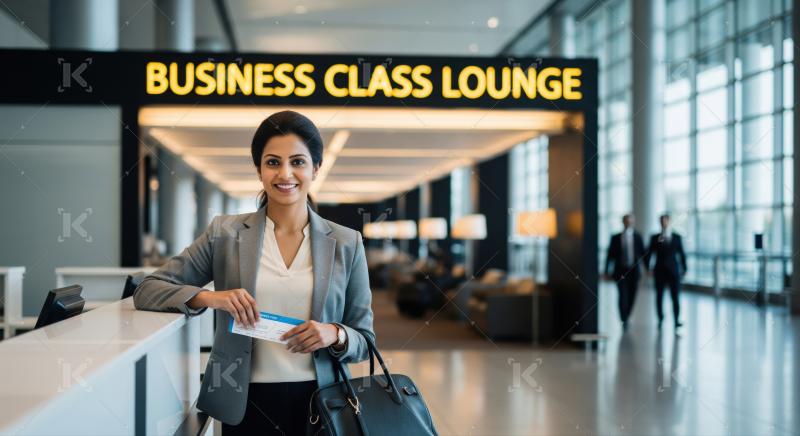 Professional woman waits at luxurious business class lounge for flight.