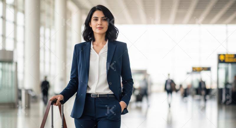 Confident businesswoman standing with luggage, ready for travel in modern airport.