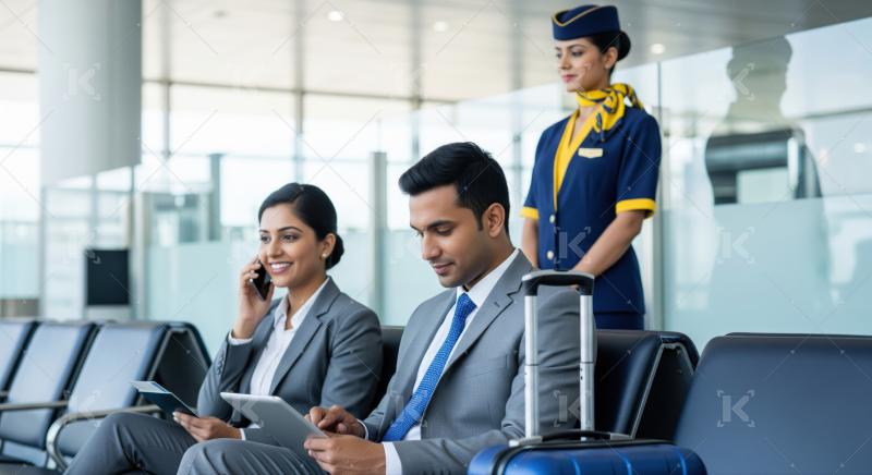 Diverse business travelers and flight attendant in a busy airport.