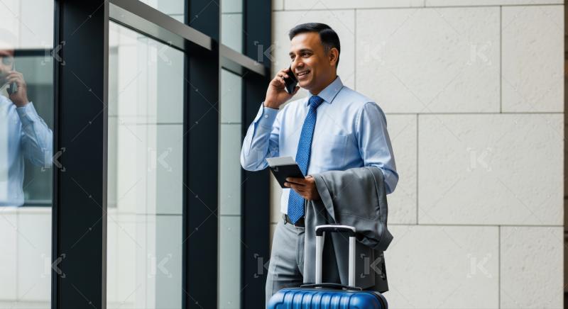 Businessman happily talks on phone, prepared for his international journey.