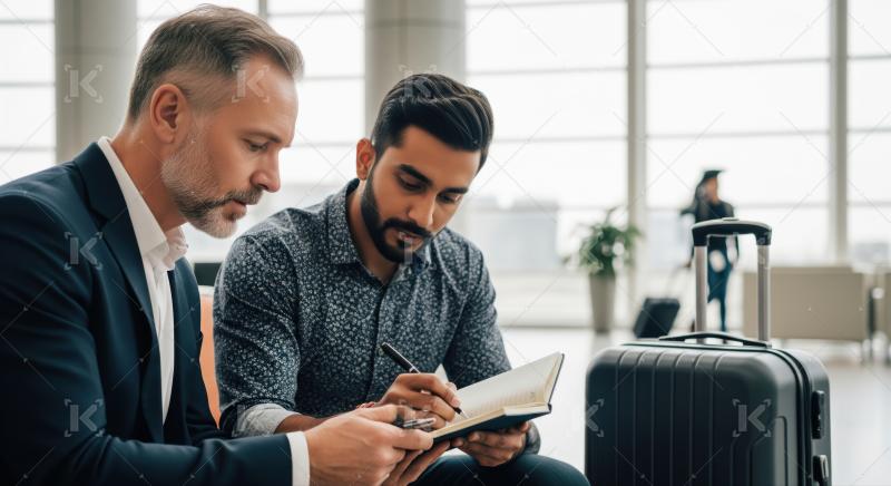 Diverse professionals collaborate on travel itinerary at modern airport terminal.