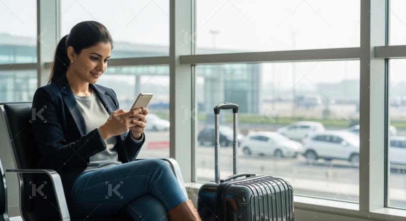 Young woman using smartphone while waiting in airport lounge.