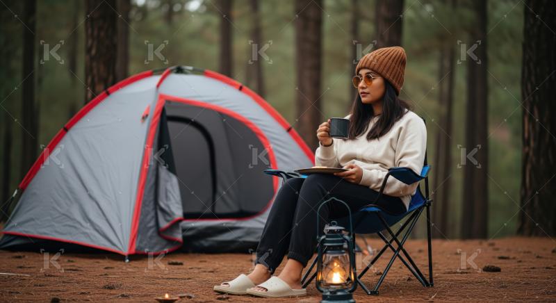 Relaxing camp morning with coffee, breakfast, and serene forest views.