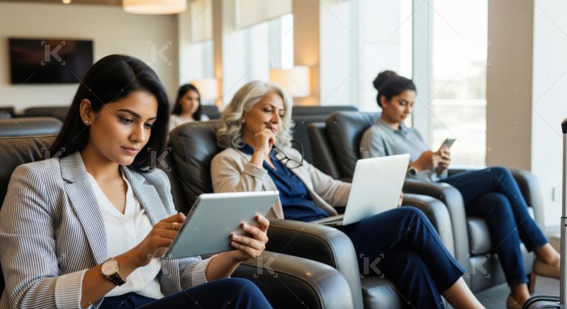 Diverse business travelers use technology while waiting in a comfortable lounge.
