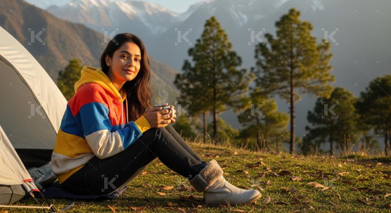Happy camper sips hot coffee by tent in serene nature.