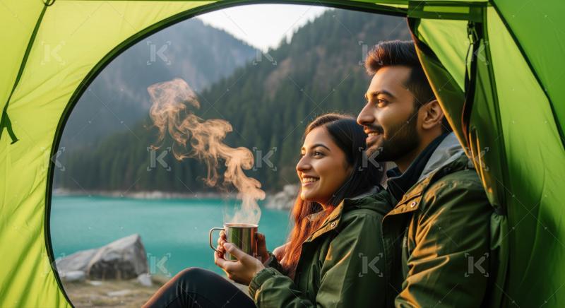 Happy couple relaxes inside tent, admiring stunning natural view.