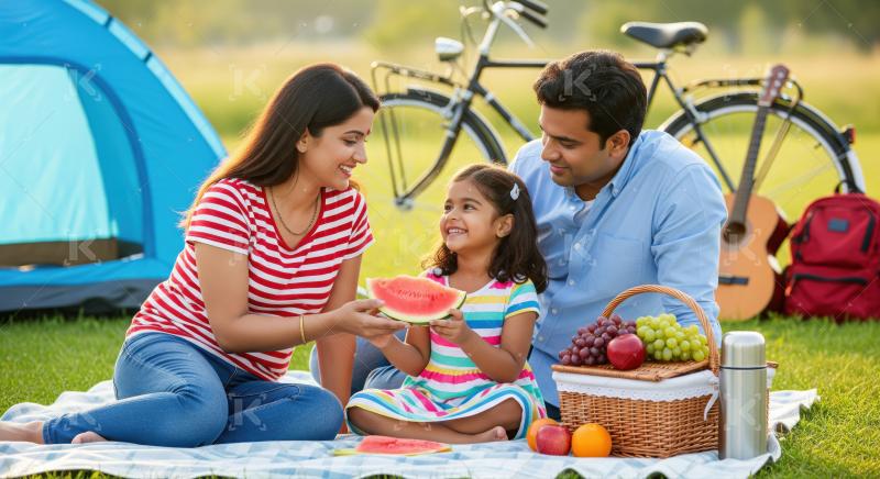 Joyful Indian family enjoying a summer picnic in nature.