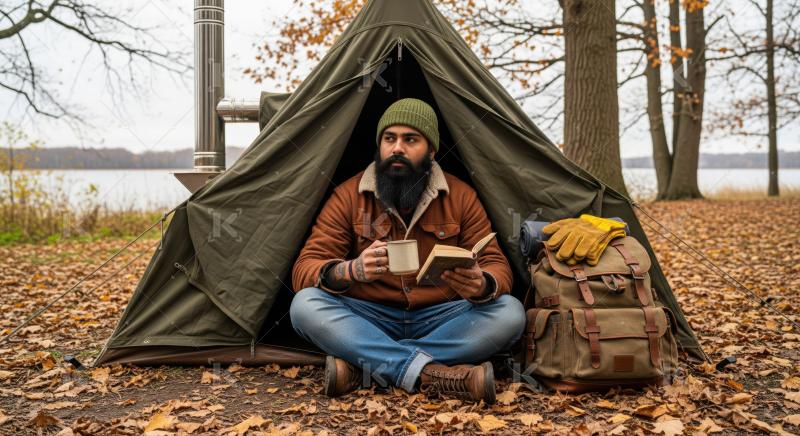 Relaxing autumn camping, man reads book in his tent.