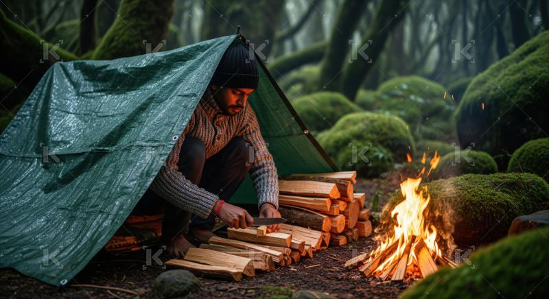 A camper prepares firewood by warm campfire in mystical forest.