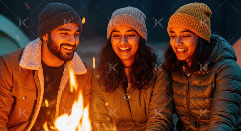 Young friends smiling, warming by a cozy campfire outdoors.