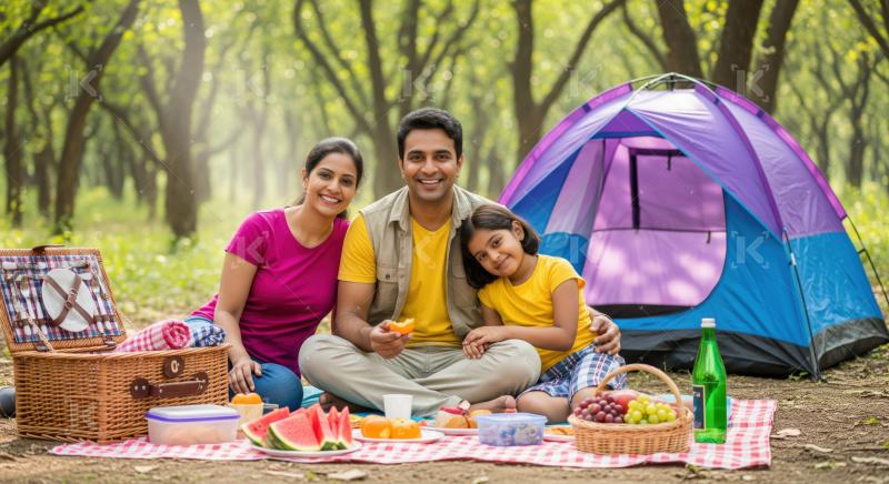 Cheerful family enjoying outdoor picnic and camping together in nature.