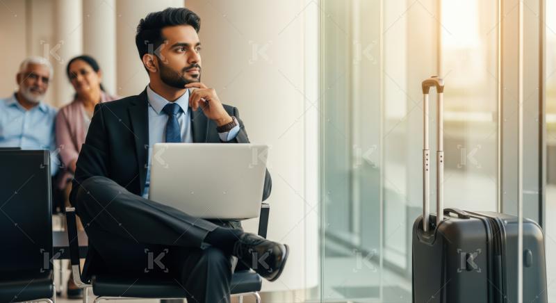 Man in suit using laptop, waiting at airport terminal.