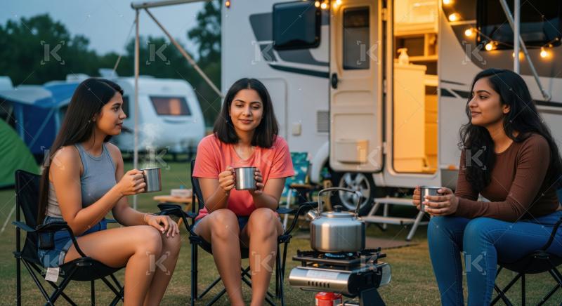 Young Indian women relaxing with hot drinks at evening campsite.