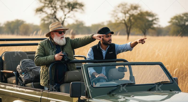 Experienced guide and tourist spot wildlife during savanna safari.