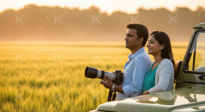 Indian couple capturing nature's golden hour beauty on safari.