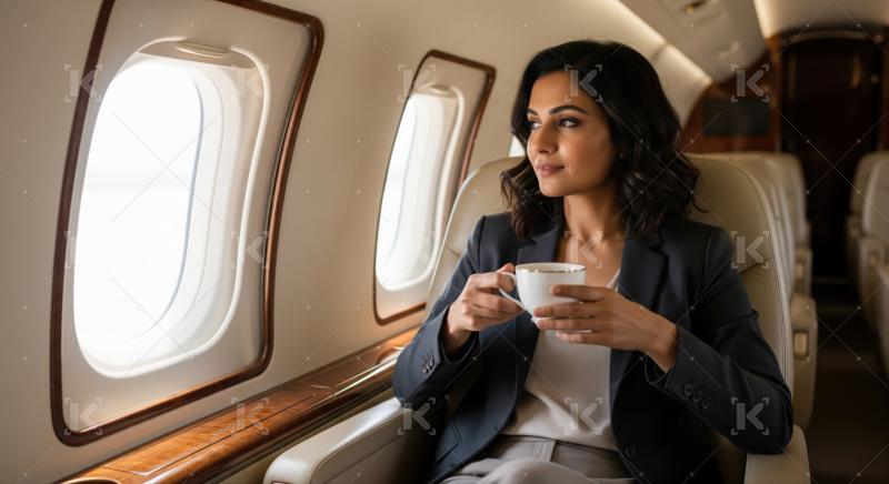 Successful executive enjoys premium travel and coffee inside a private jet.