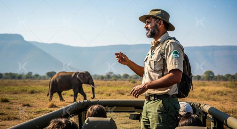 A safari guide points out an elephant to tourists.