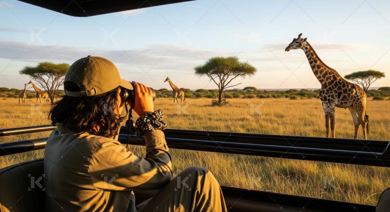 Tourist observes majestic giraffes during African safari golden hour.