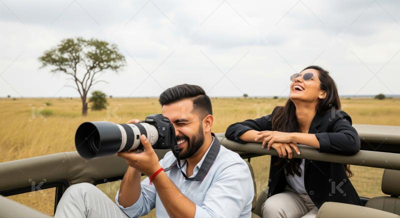 Happy couple enjoying a thrilling safari photography experience.