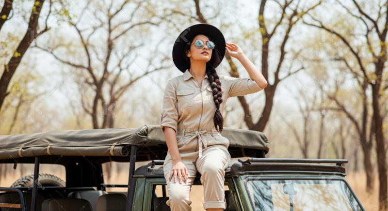 Fashionable woman on safari adventure, exploring the beautiful wild.