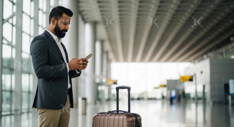 Professional man using smartphone with luggage in airport terminal.