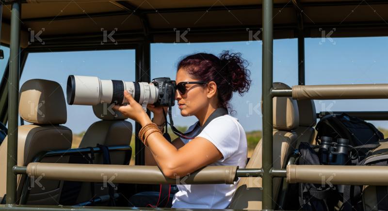 Passionate woman photographer on safari, capturing incredible wildlife moments.