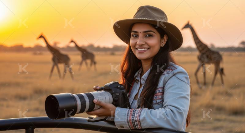 Smiling woman enjoys wildlife photography, capturing giraffes at golden sunset.