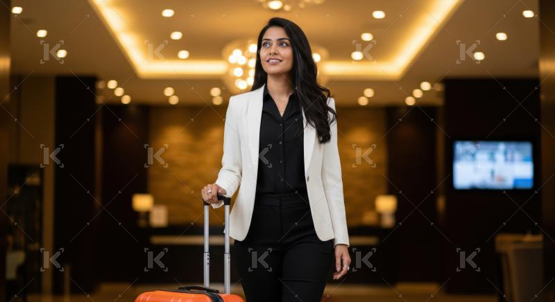 Confident traveler in stylish attire walking through modern hotel lobby.