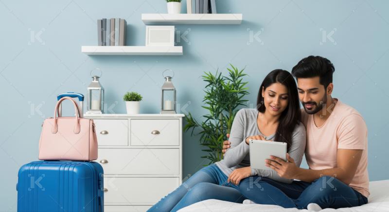 Happy couple planning travel together using modern digital technology.