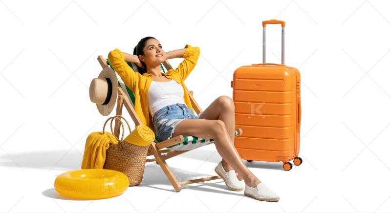 Happy woman relaxing, surrounded by her travel and beach accessories.