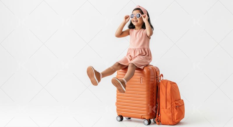 Cheerful child ready for travel with luggage and backpack