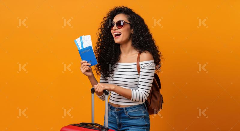 Excited young female traveler holding passport and boarding passes.